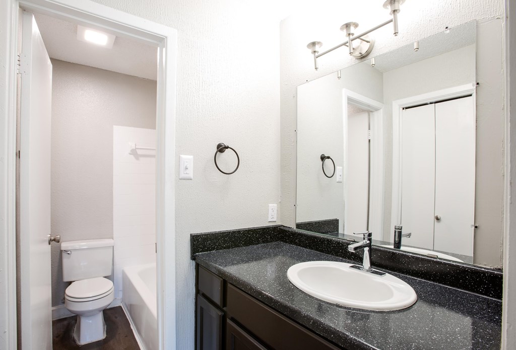 A bathroom with a toilet, sink, and mirror.
