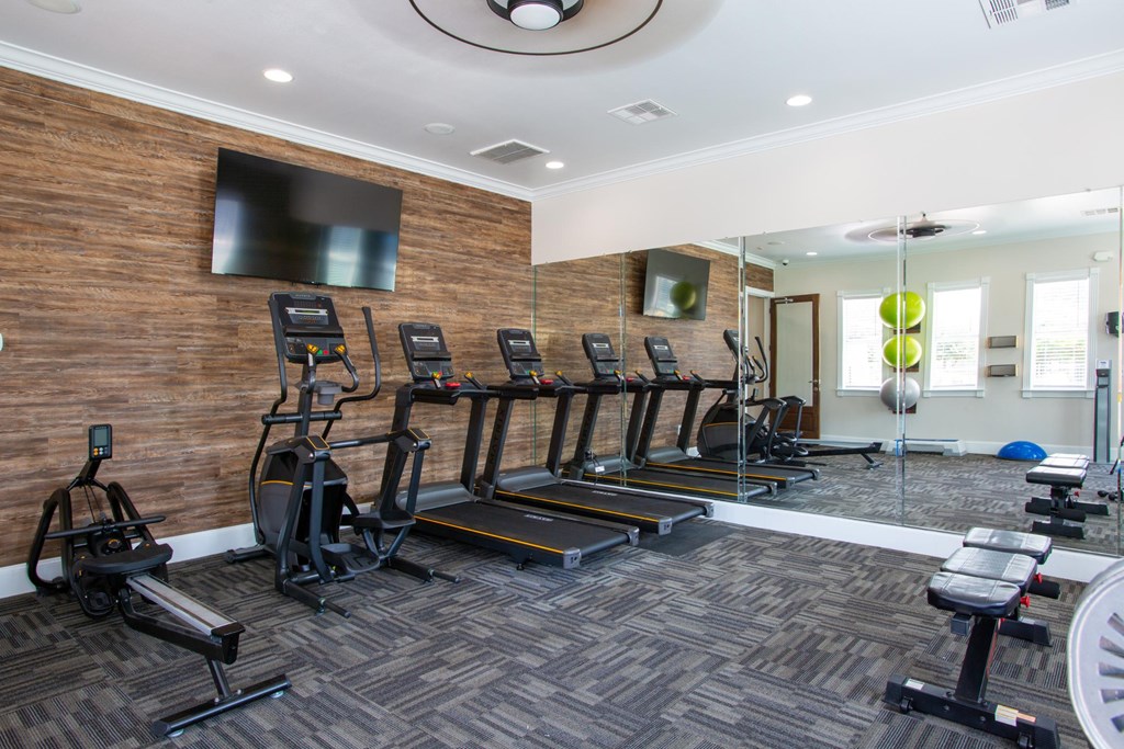 A gym with a variety of equipment including treadmills, stationary bikes, and weight machines.