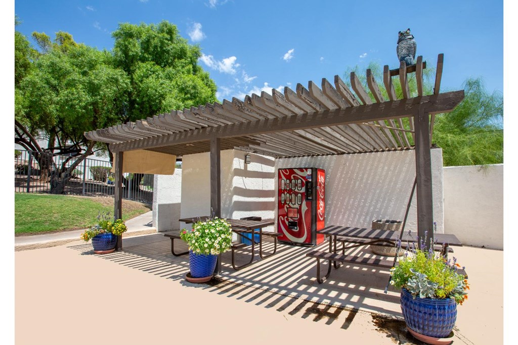 A patio with a table and chairs under a pergola.