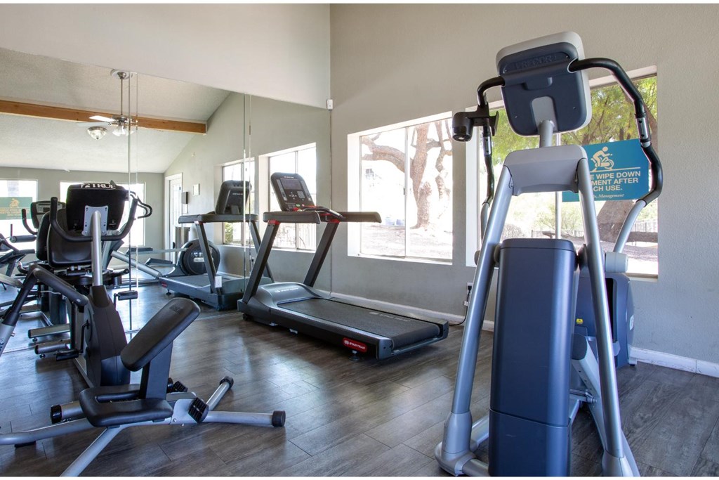 A gym with treadmills, elliptical machines, and other exercise equipment.