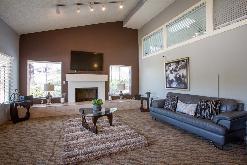 A living room with a fireplace, a couch, and a television.