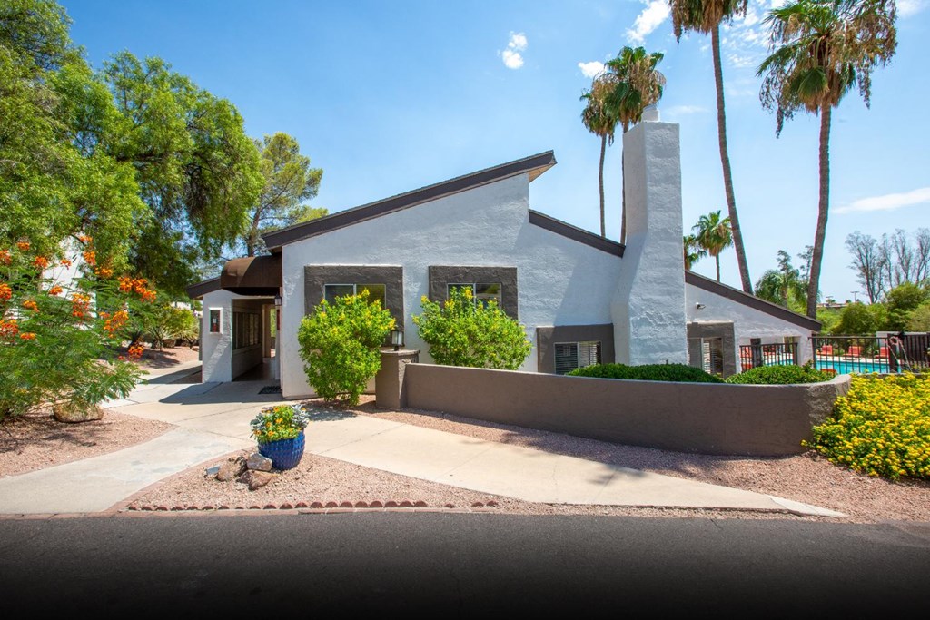 A modern house with a grey exterior and a white chimney is surrounded by palm trees and landscaping.
