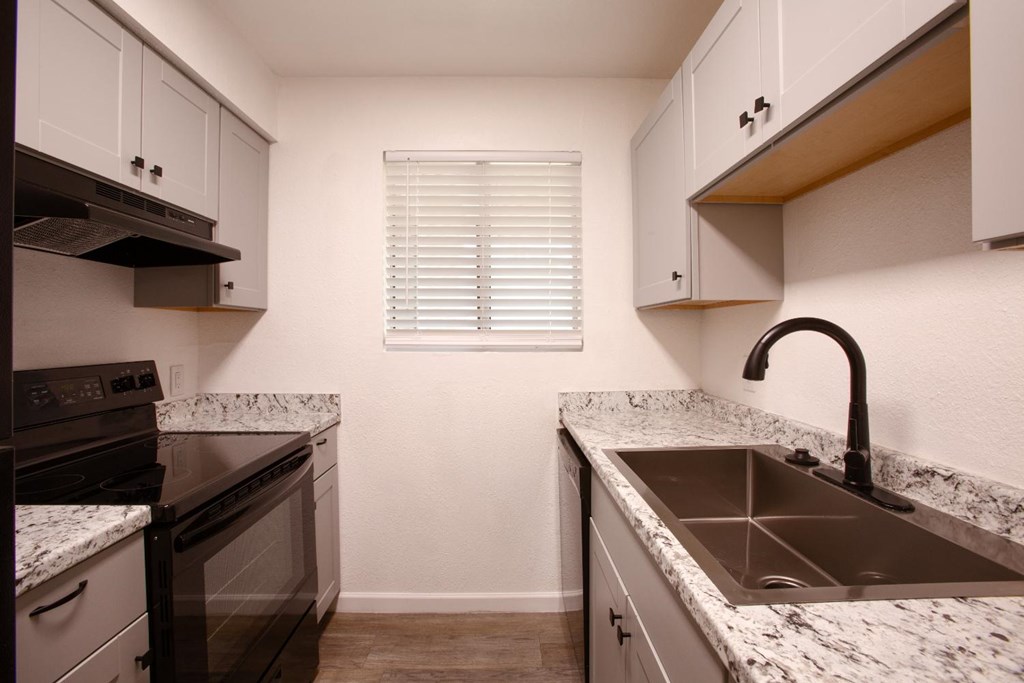A kitchen with a sink, stove, and oven.