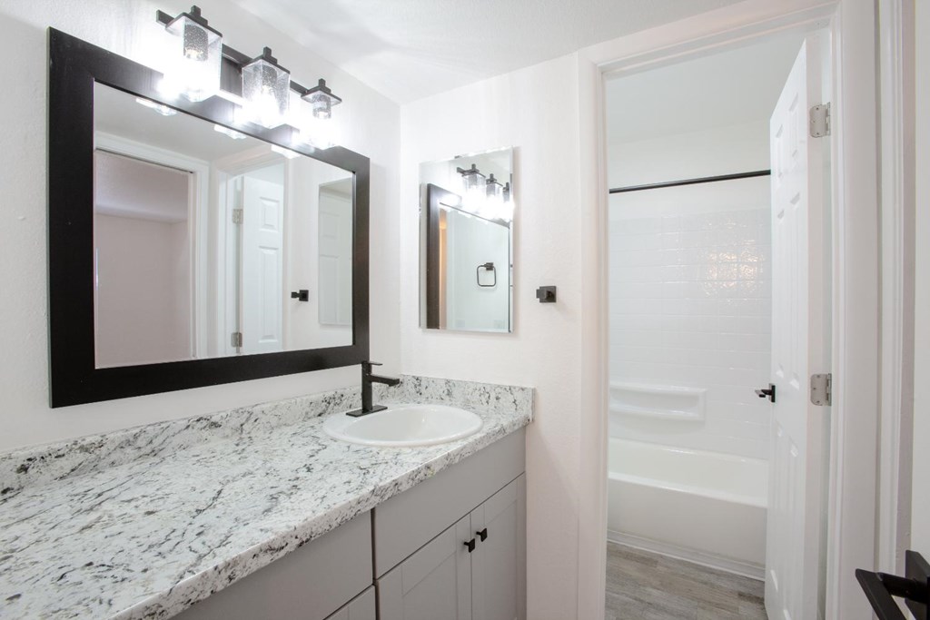 A bathroom with a marble countertop and a large mirror above it.