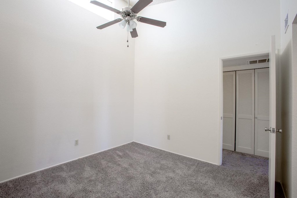 A room with a ceiling fan and carpeted floor.
