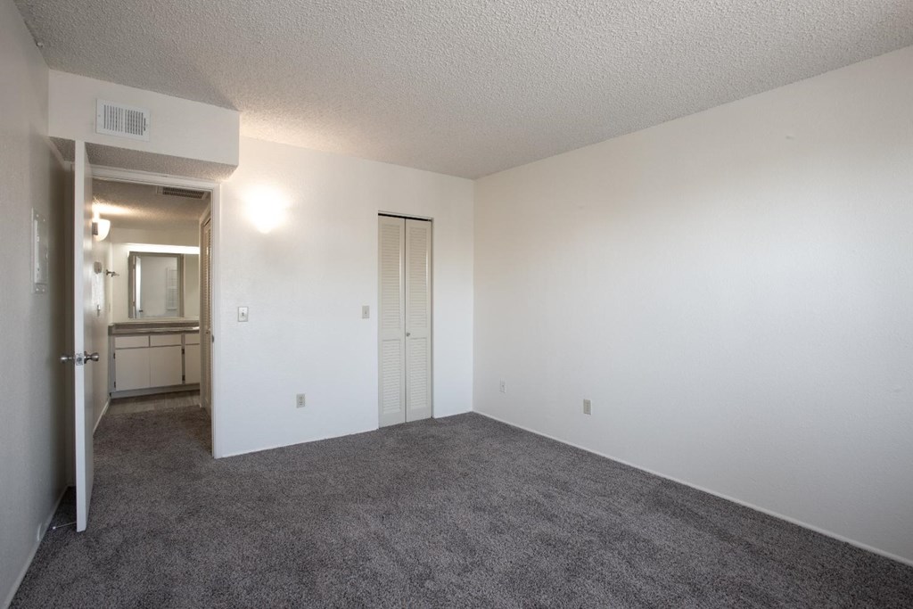 A room with white walls and carpeted floor.