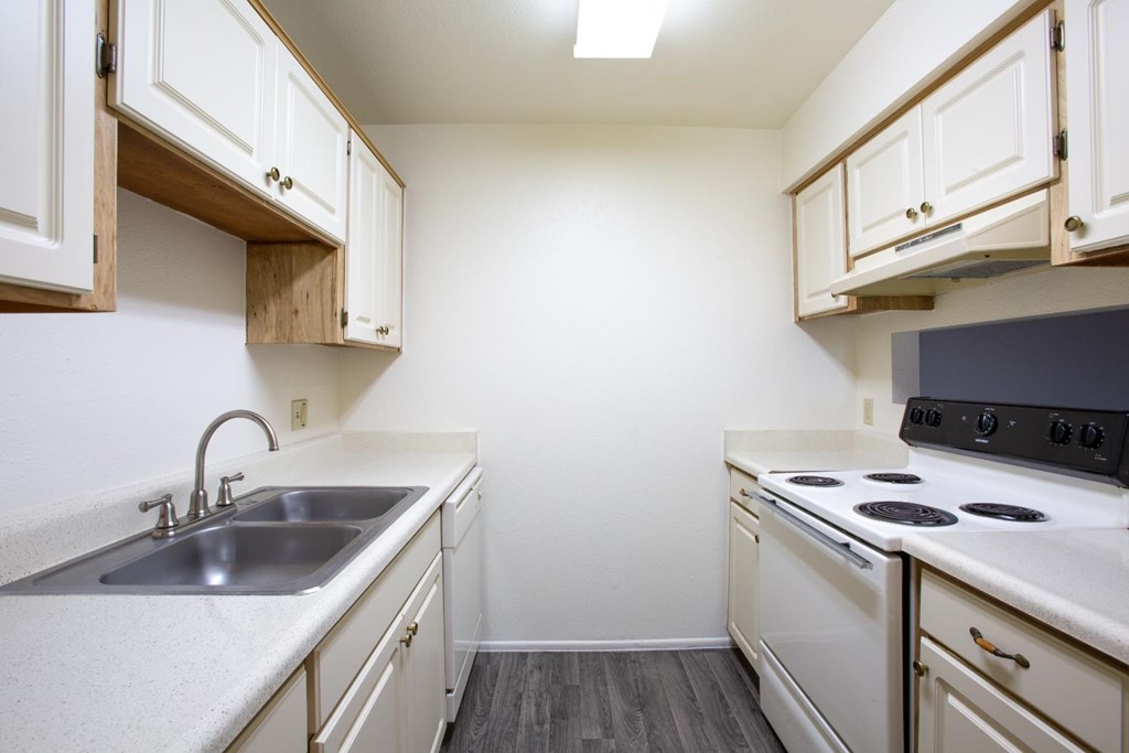 A kitchen with a stove, sink, and cabinets.