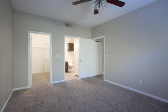 A room with a ceiling fan and carpeted floor.