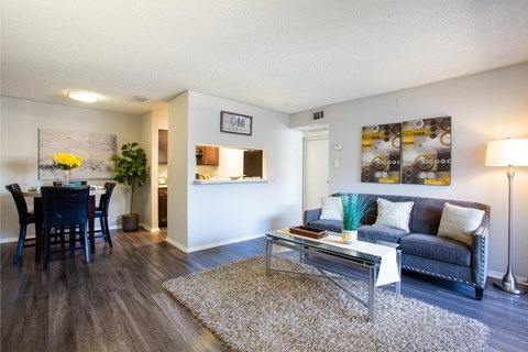 A living room with a grey couch, a coffee table, and a dining table with chairs.