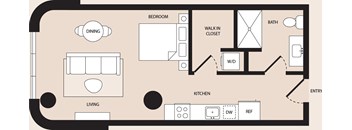 A floor plan of a house with a living room, dining room, kitchen, bedroom, bathroom, and a walk-in closet.