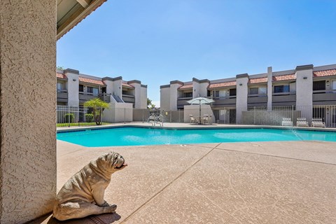 A seal statue is sitting by a pool.