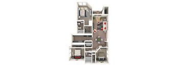 A 3D floor plan of a small apartment with a kitchen, living room, and bathroom.