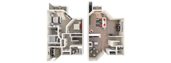 A 3D floor plan of a two-bedroom apartment.