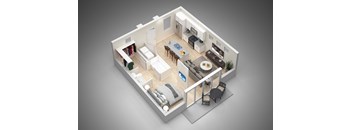 A 3D rendered image of a modern apartment layout.