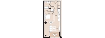 A floor plan of a house with a kitchen, living room, dining room, and bathroom.