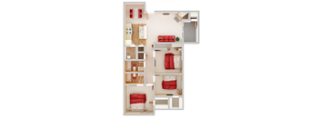 A diagram of a small apartment with a bedroom, living room, and kitchen.