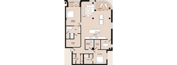 A floor plan of an apartment with a primary bedroom, bath, kitchen, and living room.