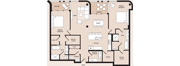 A floor plan of a house with two primary bedrooms, a living room, a dining room, a kitchen, a bath, a pantry, a closet, and a powder room.