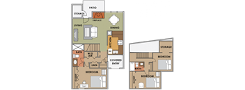 A floor plan of a house with a patio, living room, dining room, kitchen, and three bedrooms.