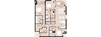 A floor plan of a house with two balconies, a primary bedroom, a bath, a pantry, a powder room, a dining area, a kitchen, a living room, a walk-in closet, and a