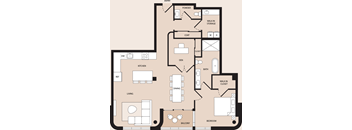 A floor plan of a house with a living room, kitchen, dining room, bedroom, and bathroom.