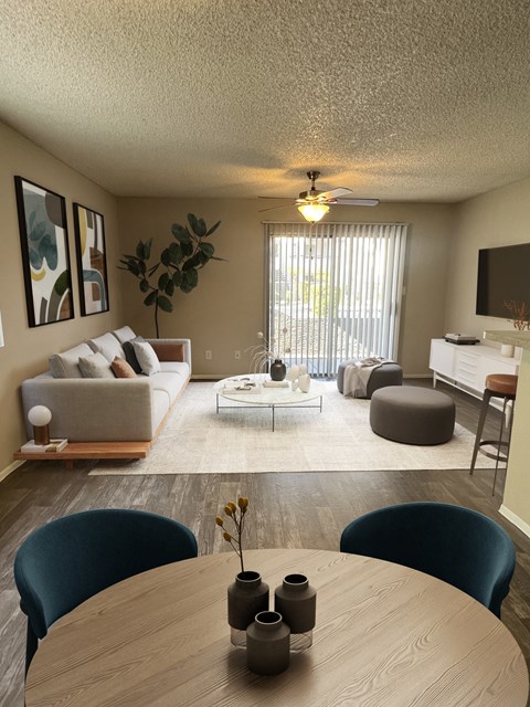 a living room with a couch and a table
