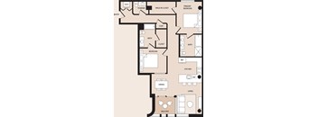 A floor plan of an apartment with a living room, two bedrooms, a bathroom, a kitchen, and a balcony.