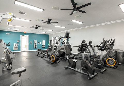A gym with a variety of exercise equipment including treadmills, stationary bikes, and weight machines.