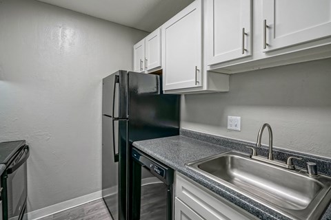 A black refrigerator in a kitchen with a stainless steel sink.