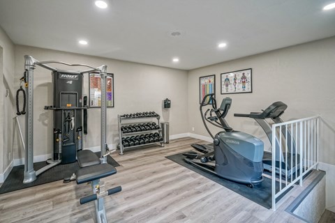 A home gym with a variety of equipment including a treadmill, elliptical trainer, and weightlifting machines.