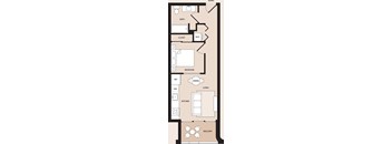 A floor plan of a house with a bedroom, bathroom, closet, and living room.