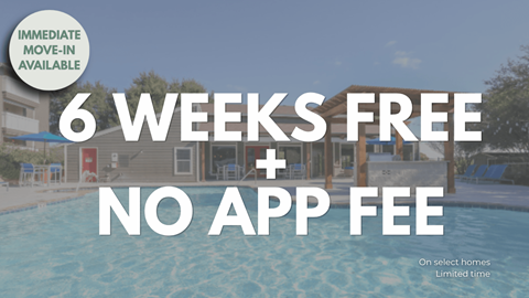 A poolside advertisement offering 6 weeks free and no app fee.