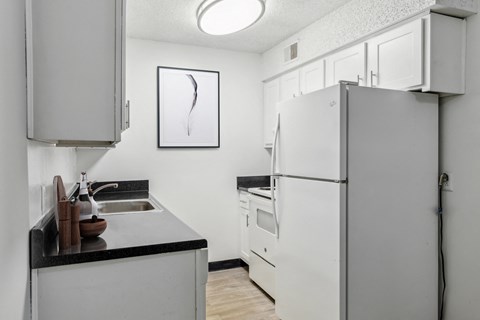 A kitchen with a white refrigerator and a black counter top.