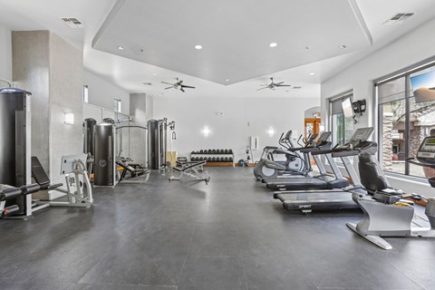 A spacious gym with a variety of equipment including treadmills, weights, and exercise machines.