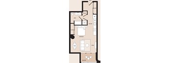 A floor plan of a house with a pantry, kitchen, living room, dining room, bedroom, and bathroom.