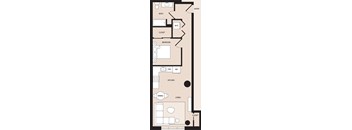 A floor plan of a small apartment with a bedroom, living room, kitchen, and bathroom.