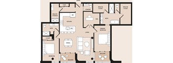 A floor plan of a house with a kitchen, living room, dining room, and two bedrooms.