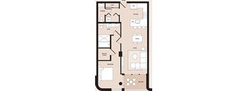 A floor plan of an apartment with a living room, dining room, kitchen, and bedroom.