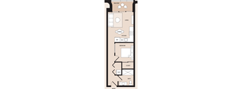A floor plan of an apartment with a balcony, living room, dining room, kitchen, bedroom, bathroom, and entry.
