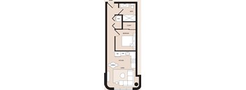 A floor plan of a one bedroom apartment with a living room, dining room, kitchen, bathroom and closet.