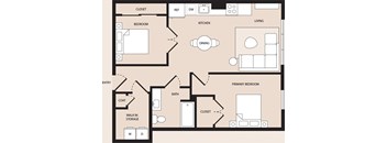 A floor plan of a house with a primary bedroom, a secondary bedroom, a living room, a kitchen, a dining area, a bathroom, and a coat storage.