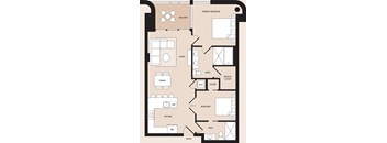 A floor plan of a house with a primary bedroom, living room, dining room, kitchen, and bathrooms.