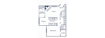 A floor plan of a house with a living room, dining room, kitchen, and bedroom.
