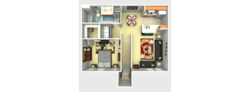 A 3D rendered image of a house layout.