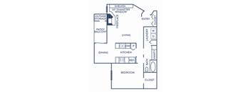 A floor plan of a house with a living room, dining room, kitchen, and bedroom.