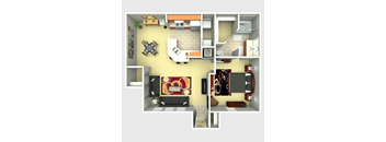 A floor plan of a small apartment with a living room, kitchen, and bathroom.