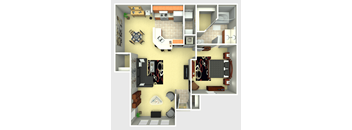 A 3D floor plan of a house showing all rooms and furniture.