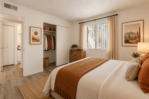 A bedroom with a large bed and a wardrobe.