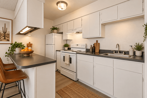A kitchen with white cabinets and a black countertop.
