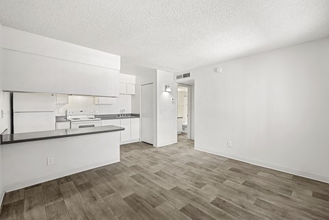 A kitchen with white cabinets and a wooden floor.